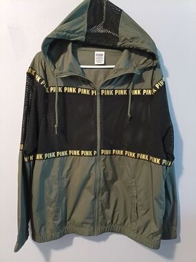 NWOT PINK Army Green & Black Mesh Hooded Windbreaker